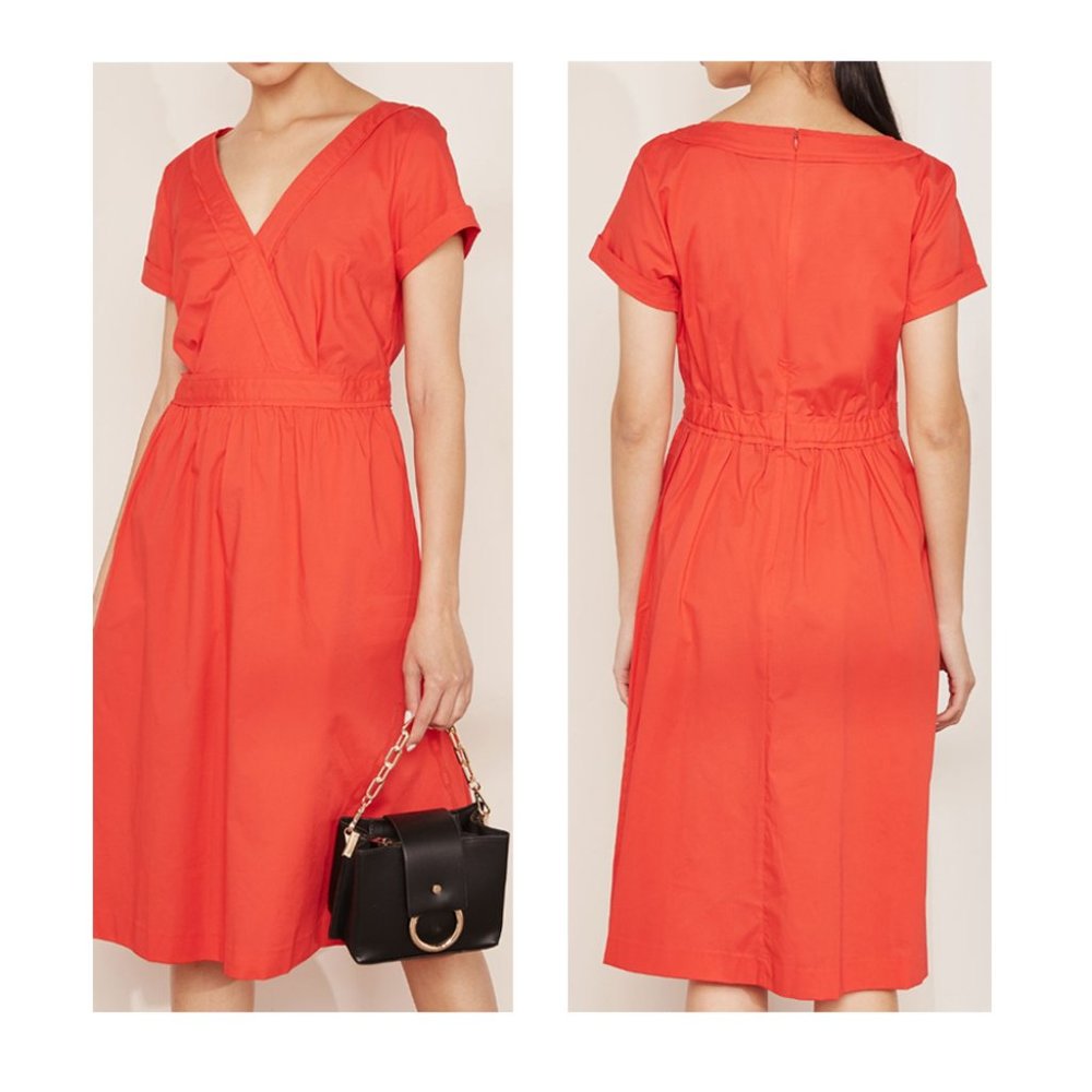 J. Crew Red Cotton V Neck Faux Wrap Poplin Midi Dress Size 2 - Picture 2 of 9